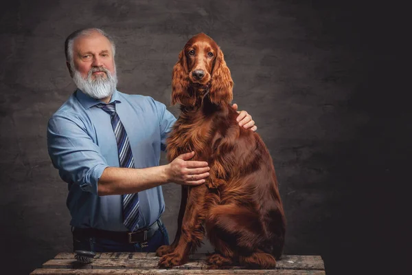 Starší muž pečující o svého čistokrevného psa na tmavém pozadí — Stock fotografie