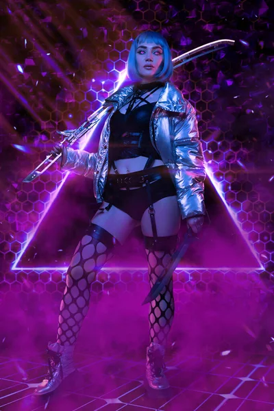 Glamorous cyberpunk girl with sword agianst violet background