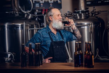 Önlüklü yaşlı bir adam modern bira fabrikasında bira tadıyor.