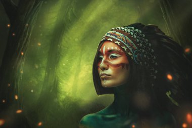 Yeşil ormanda tüylü başlıklı çekici kadın şef.