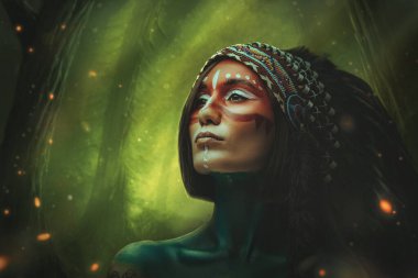 Yeşil ormanda tüylü başlıklı çekici kadın şef.