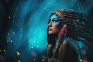 Gece ormanlarına karşı tüylü başlıklı büyücü kadın şef.