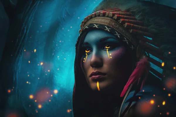 Мистическая женщина в головном уборе из голубого леса — стоковое фото