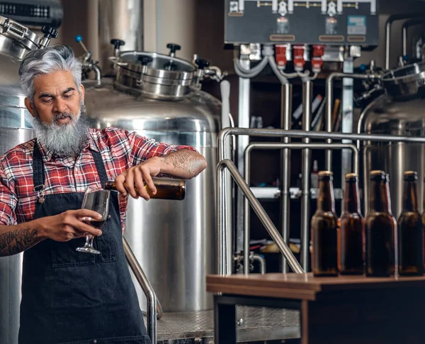 Bärtiger alter Mann mit Bier in Brauerei mit moderner Ausrüstung — Stockfoto