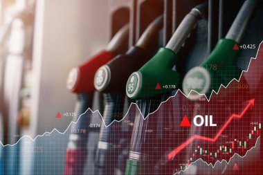 Benzin istasyonunda sıra sıra tabancalar ve petrol fiyatlarında artış