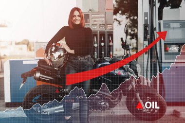 Benzin istasyonunda gülümseyen kadın motorcu ve fiyat artışı