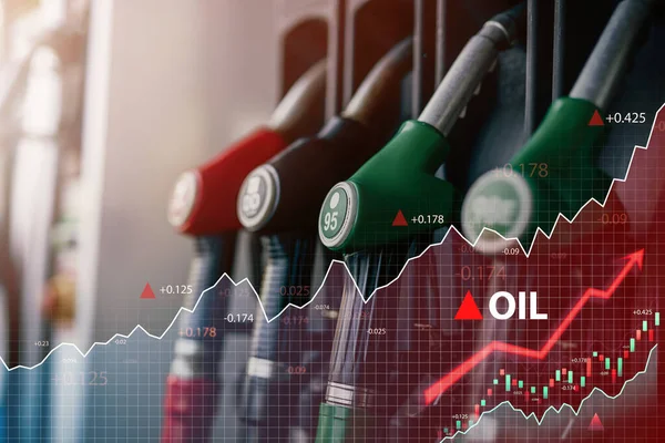 Benzin istasyonunda sıra sıra tabancalar ve petrol fiyatlarında artış — Stok fotoğraf