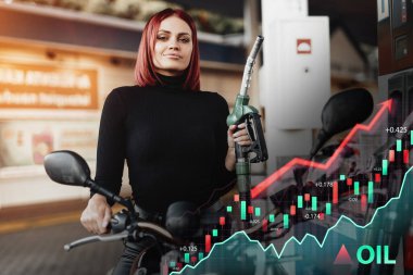 Motosikletli neşeli kadın benzin istasyonunda motorcusunu dolduruyor.