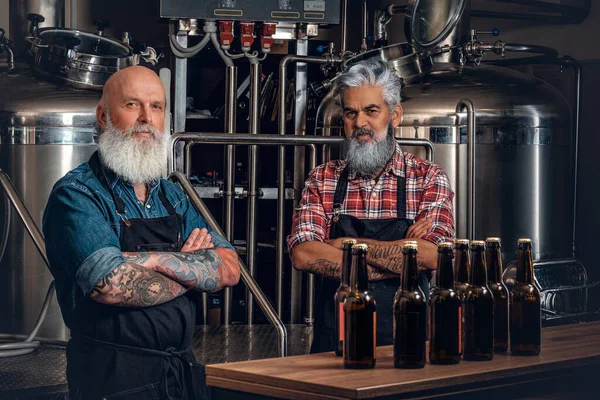 Modern bira fabrikasında çapraz kollu kendinden emin yaşlı adamlar.