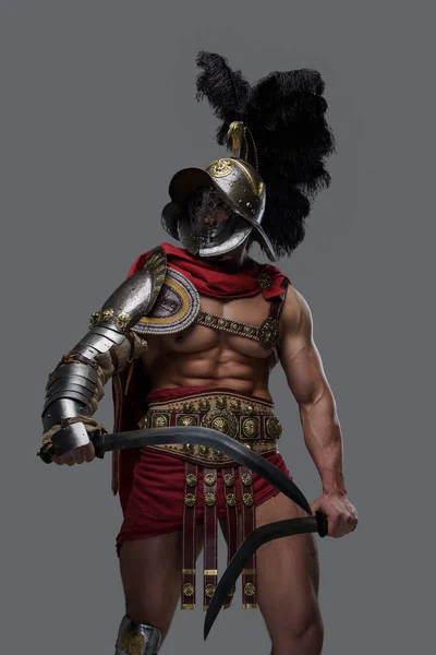 Gladiador grego bonito com espadas duplas e capacete de plumed — Fotografia de Stock