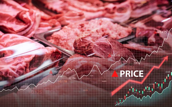 Display of fresh raw meat in counter and price increase — Stock Photo, Image