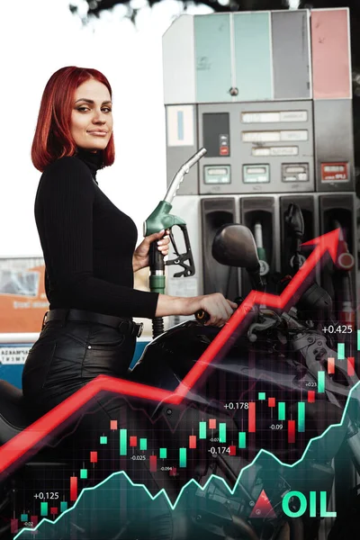 Benzin istasyonunda gülümseyen kadın motorcu ve fiyat artışı