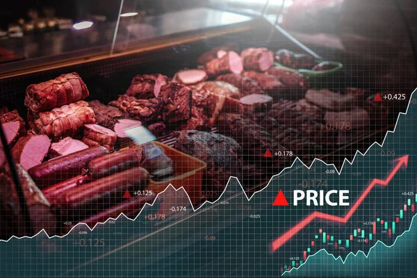 Carnicería y mostrador con carne fresca de calidad con gráficos — Foto de Stock