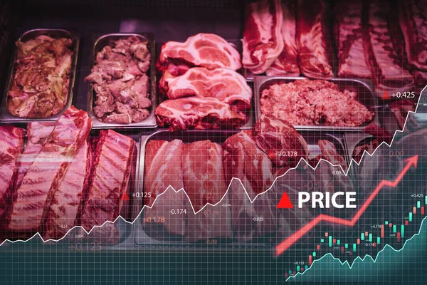 Raw meat inside meat shop counter and graphs with arrow — Stock Photo, Image