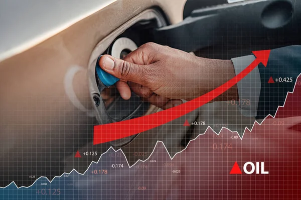 El precio del combustible crece con el gráfico y el tanque de combustible de apertura hombre — Foto de Stock