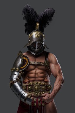 Naked colosseum warrior with helmet isolated on gray background