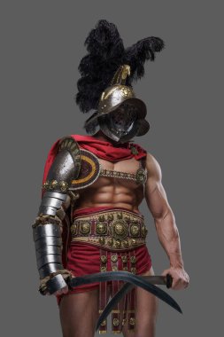 Muscular colosseum fighter with naked torso and red cape