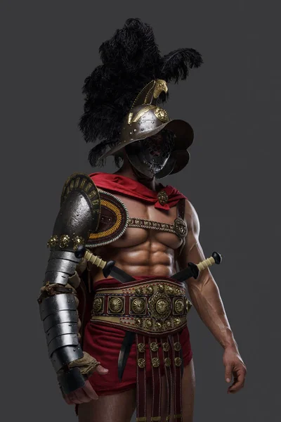 Colosseum warrior with plumed helmet against grey background — Stok fotoğraf