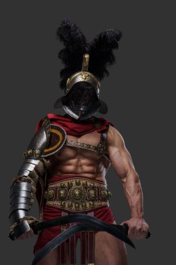 Colosseum warrior with plumed helmet against grey background