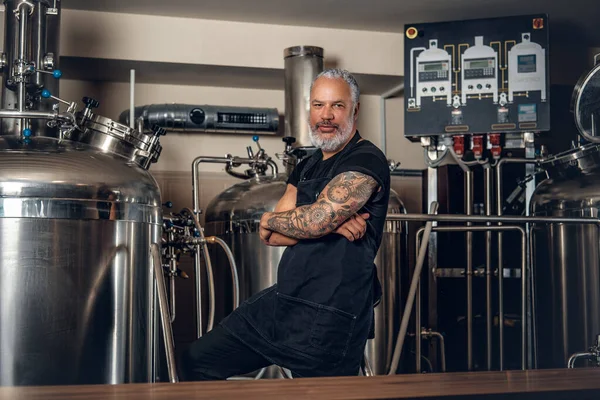 Bira fabrikasındaki çelik fıçıların etrafında poz veren kıdemli bira üreticisi.