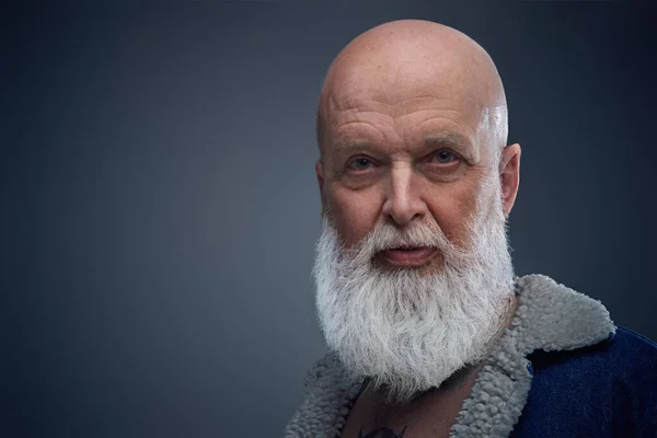 Лисий літній чоловік з довгою сірою бородою на сірому фоні — стокове фото