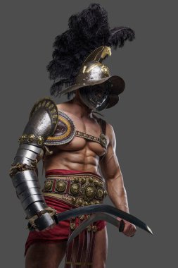 Combative roman gladiator with plumed helmet and two swords