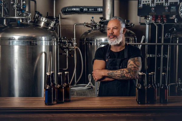 Senior brewer around steel barrels and table with beer — Stockfoto