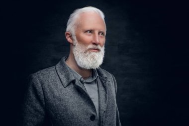 Güzel giyimli, şık saçlı ve uzun sakallı yaşlı bir adam.