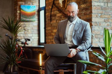 Ofisteki koltukta dizüstü bilgisayar kullanan zarif yaşlı bir adam.