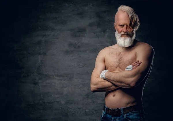 Portrait Shirtless Elderly Boxer Bandages Crossed Arms Dark Background — Stock Photo, Image