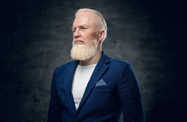 Фото Старого Чоловіка Довгою Бородою Сірими Волоссям Одягнені Модний Синій — стокове фото