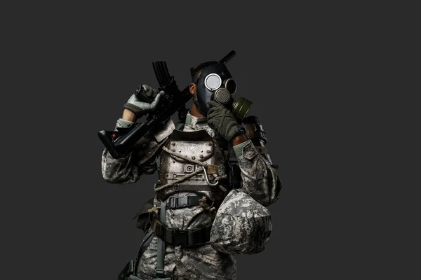 Studio Shot Black Army Soldier Dressed Protective Gas Mask Camouflage — Stock Photo, Image