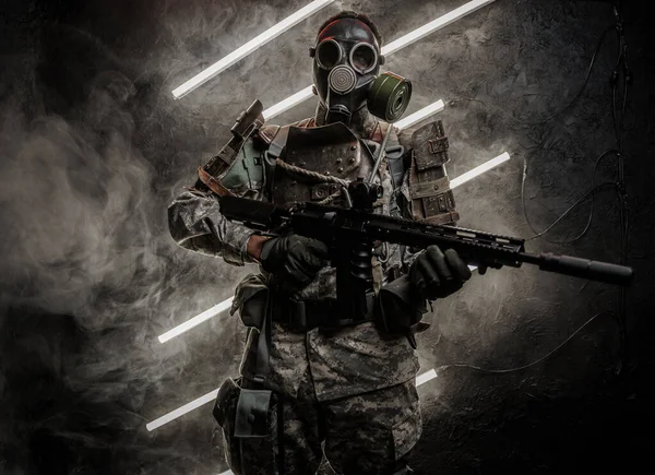 Shot Military African Man Gas Mask Rifle Dark Background Neon — Stock Photo, Image