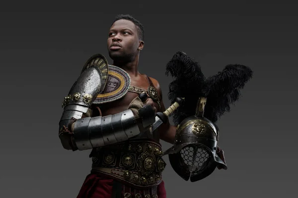 Portret Van Oude Romeinse Gladiator Van Afrikaanse Afkomst Gekleed Lichte — Stockfoto