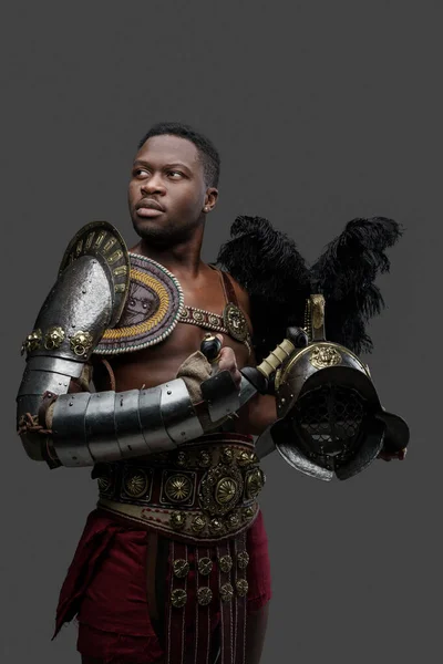 Ritratto Antico Gladiatore Romano Discendenza Africana Vestito Armatura Leggera Con — Foto Stock