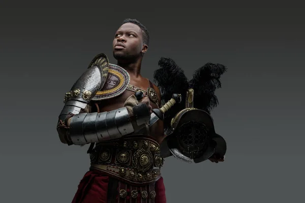 Portrait Ancient Roman Gladiator African Descent Dressed Light Armor Holding — Stock Photo, Image