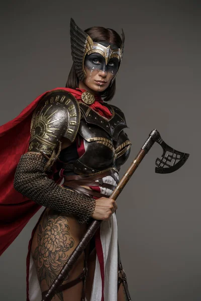 Portrait Attractive Woman Warrior Tattoos Painted Face Holding Axe — Stock Photo, Image