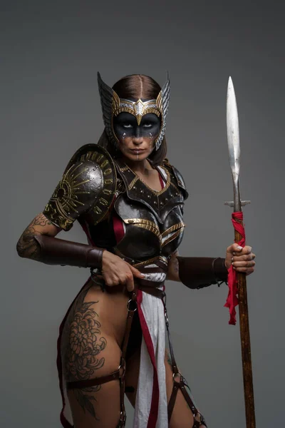 Portrait Ancient Amazon Spear Dressed Armour Staring Camera — Stock Photo, Image