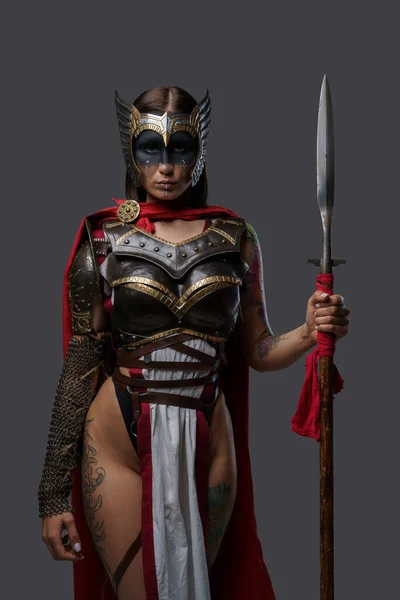 Portrait Woman Warrior Tattooed Body Spear Dressed Light Armor Staring — Stock Photo, Image