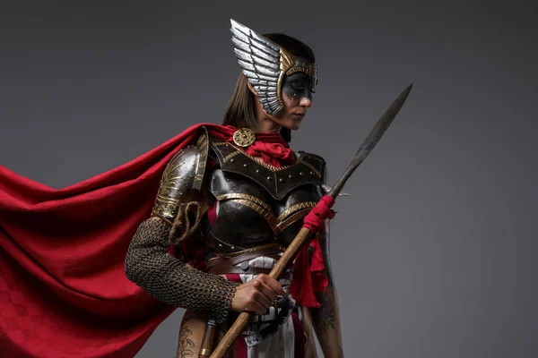 Shot Female Barbarian Holding Spear Dressed Steel Armor Helmet Grey — Stock Photo, Image