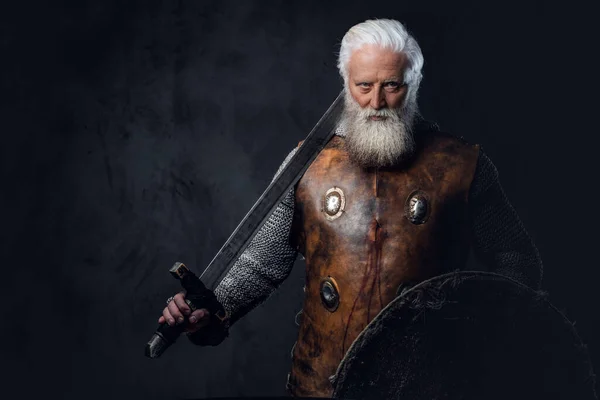 Portrait Chevalier Médiéval Aux Cheveux Gris Avec Une Longue Barbe — Photo