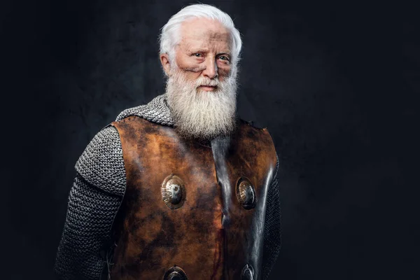 Retrato Cavaleiro Envelhecido Com Barba Longa Vestida Com Armadura Antiga — Fotografia de Stock