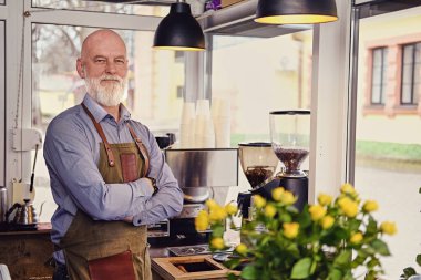 Önlük ve gömlek giymiş kollarını kavuşturmuş sakallı yaşlı barmenin portresi..