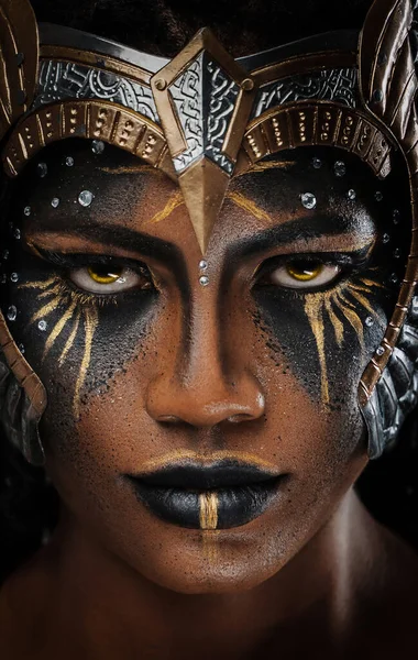 Studio Shot Ancient Black Woman Amazon Staring Camera Grey Background — Stock Photo, Image