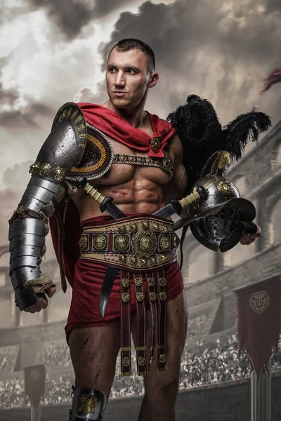 Art of handsome arena fighter from ancient rome with muscular build holding plumed helmet.