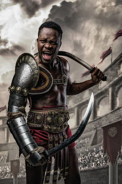 Shot Screaming African Gladiator Holding Two Swords Arena Looking Camera — ストック写真