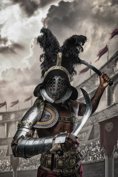 Portret Afrykańskiego Gladiatora Podwójnymi Mieczami Stojącego Bojowej Postawie Rzymskiej Arenie — Zdjęcie stockowe