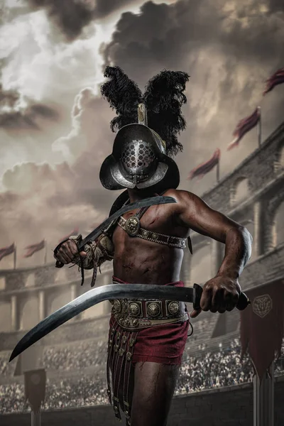 Portrait African Gladiator Twin Swords Standing Combative Posture Roman Arena — ストック写真