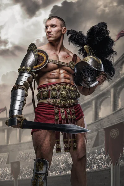 Art of handsome arena fighter from ancient rome with muscular build holding plumed helmet.
