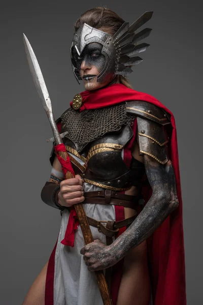 Shot Ancient Valkyrie Make Dressed Dark Armor Red Cape Holding — Zdjęcie stockowe